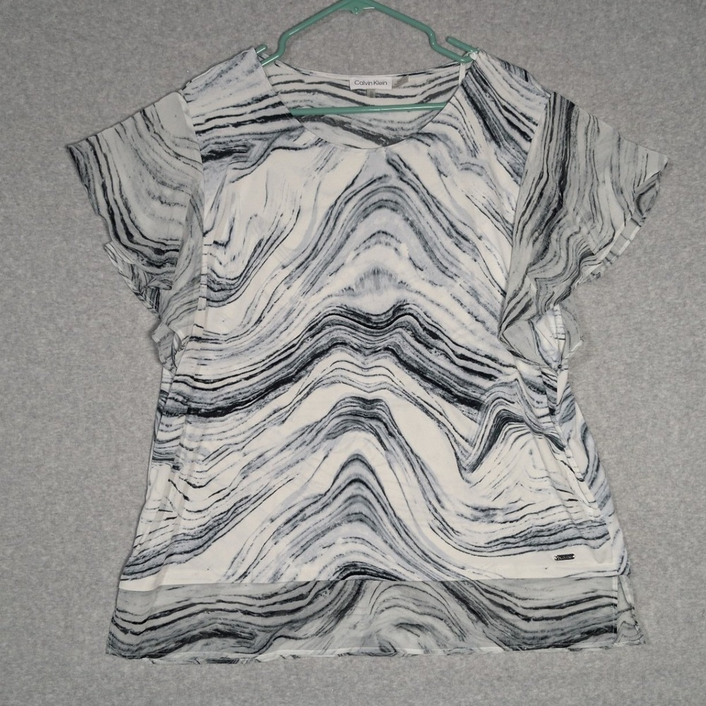 Calvin Klein Blouse Womens XL White Black Marble Print Flutter Sleeve Acstract